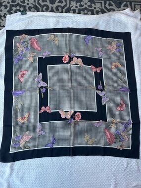 Vintage Black Floral & Butterfly Silk Square Scarf